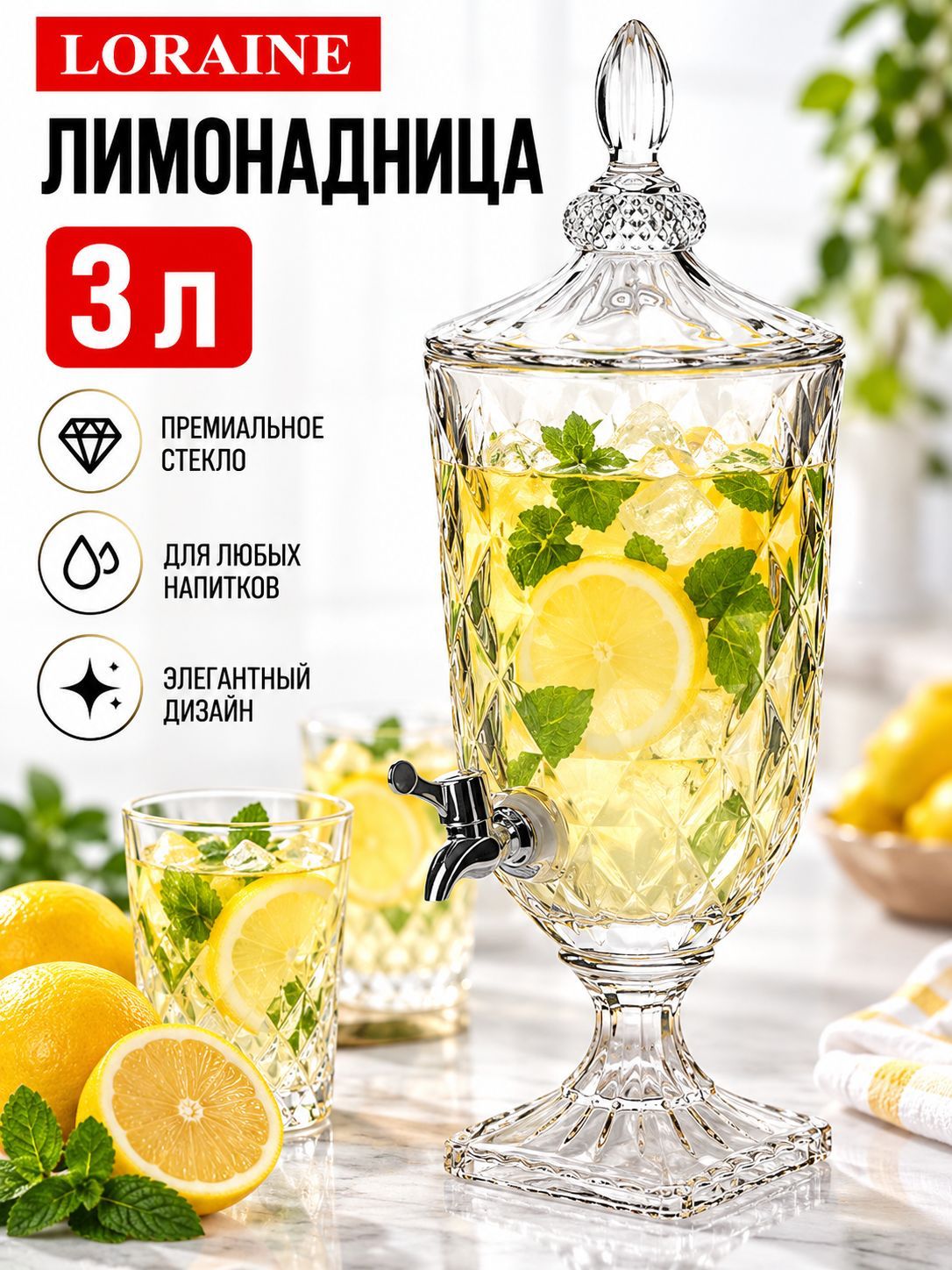 30865 Лимонадница 3л стекло/пластик LR (х3)  30865 Лимонадница
