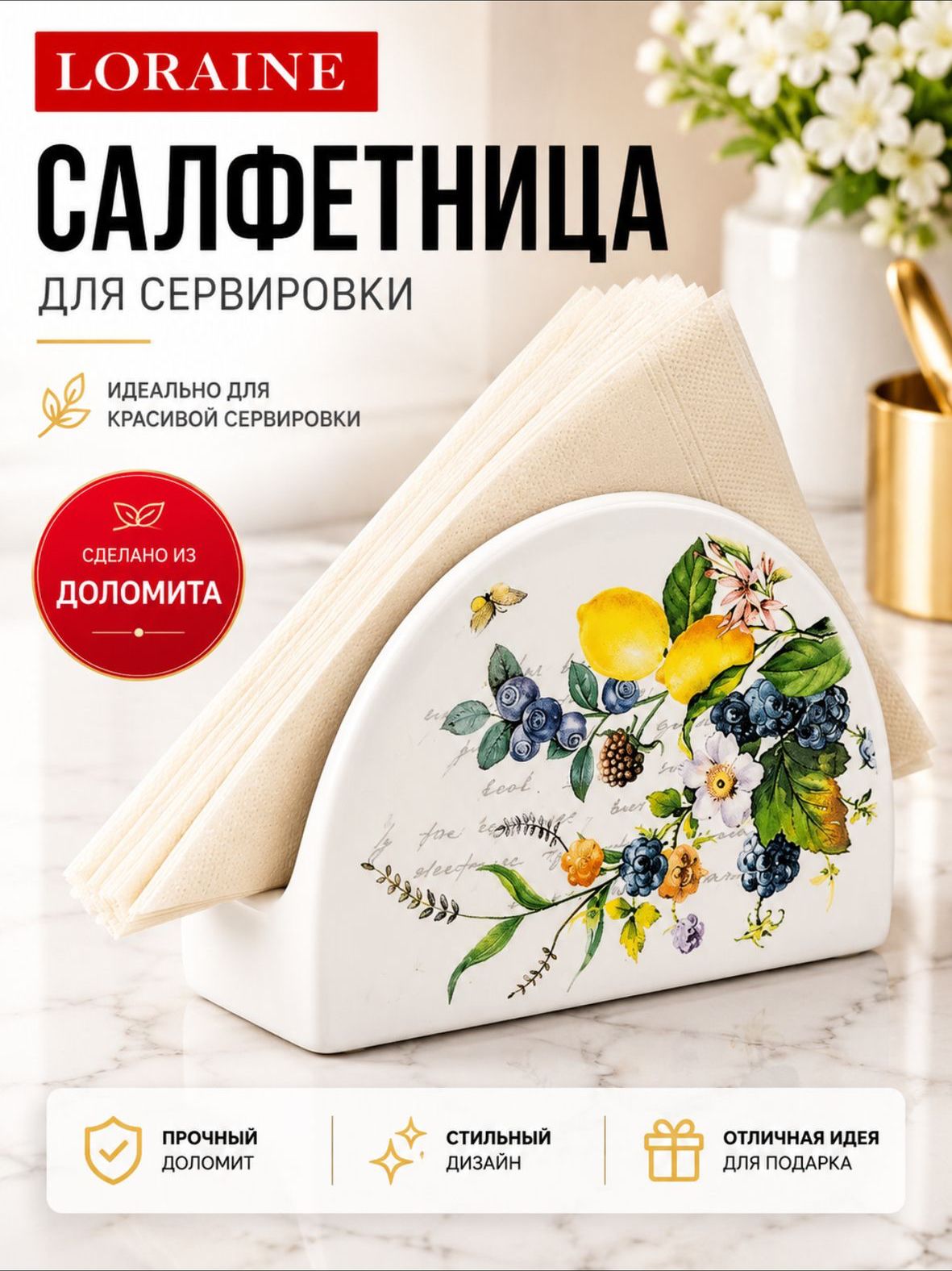 60152 Салфетница на стол 9,5х4,4х7,1см Лесные ягоды с лимонами доломит LR (х60) 